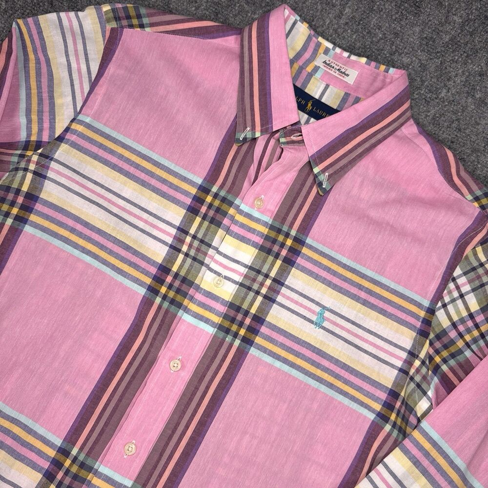 Polo Ralph Lauren Shirt Mens L Authentic Indian Madras Plaid Long Sleeve Pastel